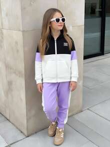 Set da 3 pezzi per ragazze, composto da giacca con cappuccio, cerniera e fodera termica, e pantaloni della tuta, colori grigio, rosa e nero, casual e versatile - Multicolore - Visualizzare 6