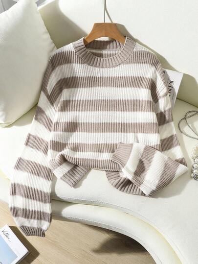 EMERY ROSE Casual Contrast Stripe Dropped Shoulder Loose Knit Sweater, Autumn Balloon Sleeve Sweater Striped Sweater Women Striped Sweater Striped Long Sleeve Sweater