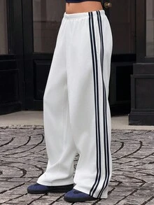 Jouncy 女式松紧腰侧条纹宽松保暖内衬白色运动裤 - 白色 - 查看 3