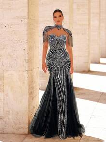 Glamrae 优雅奢华珍珠亮片网眼美人鱼连衣裙，流苏袖设计，适合婚礼、派对、度假、舞会礼服（重饰） - 黑色 - 查看 6