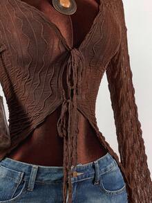 Amplova 90s Bell Sleeve Tie Front Textured Sheer Top - Chocolate Brown - View 7