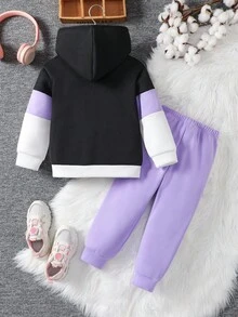 Set da 3 pezzi per ragazze, composto da giacca con cappuccio, cerniera e fodera termica, e pantaloni della tuta, colori grigio, rosa e nero, casual e versatile - Multicolore - Visualizzare 2