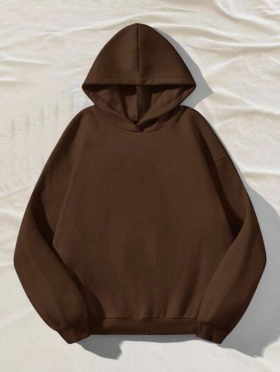 Attitoon Summer Outfits Women's Simple Casual Brown Solid Color Pullover Hooded Long Sleeve Sweatshirt Without Drawstring Oversize Autumn Winter Clothes For Women