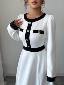 Franclia Gaun Elegan untuk Wanita dengan Desain Blok Warna dan Potongan Pinggang yang Rapi, Cocok untuk Musim Gugur. - Putih - View 5