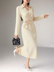 Heiryn Elegant V-Neck Ruched Collar Waist Pleated Floral Dress, Sophisticated Office Wear - Apricot - View 2