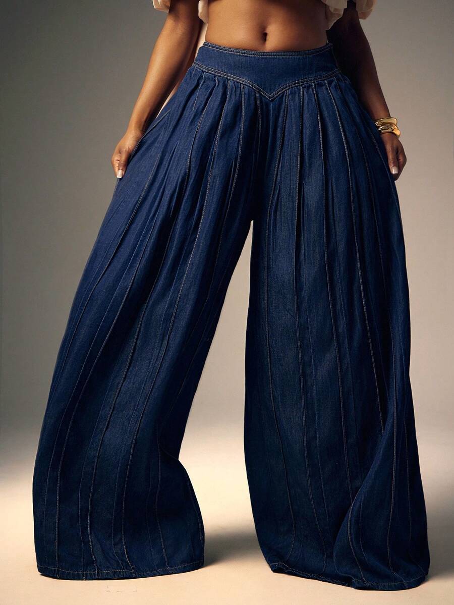 Denimoi Quần jeans denim ống rộng cạp cao xếp ly - Rửa tối - Xem 1