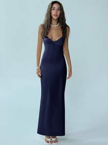 Aloruh 女士优雅纯色褶皱细肩带露背连衣裙，夏季 - 藏蓝色 - 查看 3