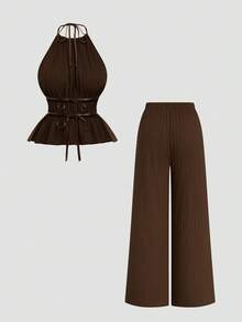 Sweetra 2pcs/Set Solid Color Minimalist Sleeveless Crop Top And Skinny Pants, Sexy Style - Brown - View 2