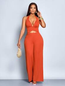 SOLERSUN Women's Elegant Solid Color Plunging Neck Criss Cross Cutout Backless Jumpsuits