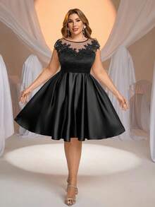 Glamrae Plus Size Elegant Black Collar Sheer Lace Applique Patchwork A-Line Wedding Dress, Bridal Gown For Gift & Ceremony