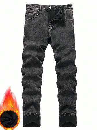 Manfinity Roughcore Herren Lässig Thermofutter Stretch Dunkelgraue Stretch Jeans Slim Straight, perfektes Urlaubsgeschenk für Freund & Ehemann, Herbst/Winter