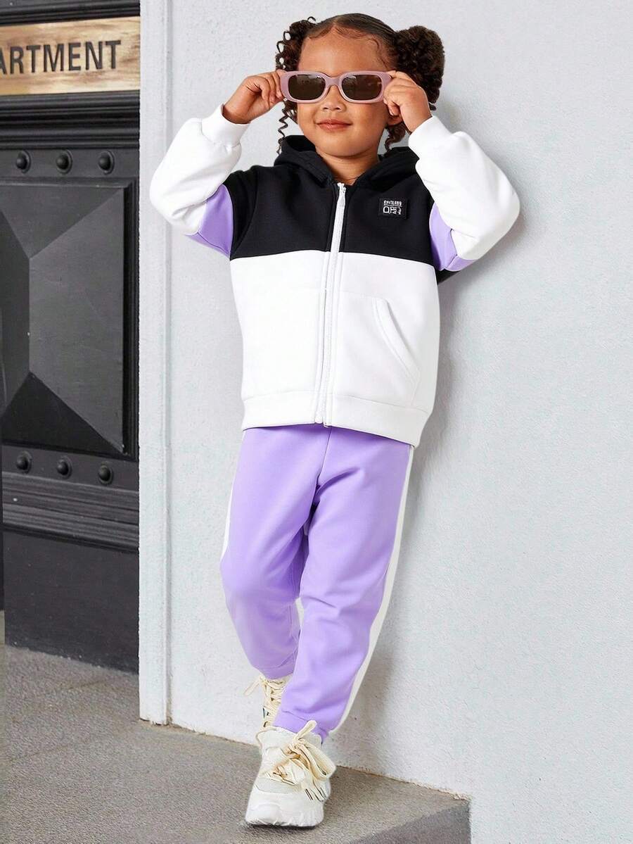 Set da 3 pezzi per ragazze, composto da giacca con cappuccio, cerniera e fodera termica, e pantaloni della tuta, colori grigio, rosa e nero, casual e versatile - Multicolore - Visualizzare 1