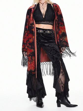 Hippie معطف بوهيمي مزخرف بالزهور والشراريب بأسلوب هيبي كاجوال للمقاسات الكبيرة، جاكيت كاجوال طويل الأكمام للمناسبات للمقاسات الكبيرة، شال خارجي بطراز قديم للمقاسات الكبيرة للخريف/الشتاء، معطف خارجي كاجوال للمقاسات الكبيرة للخريف/الشتاء