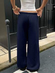 SHEIN EZwear Quần nỉ dài buộc dây phía trước màu xanh navy dành cho nữ, thích hợp mặc hàng ngày và mùa tựu trường, Thu/Đông - Màu xanh hải quân - Xem 2