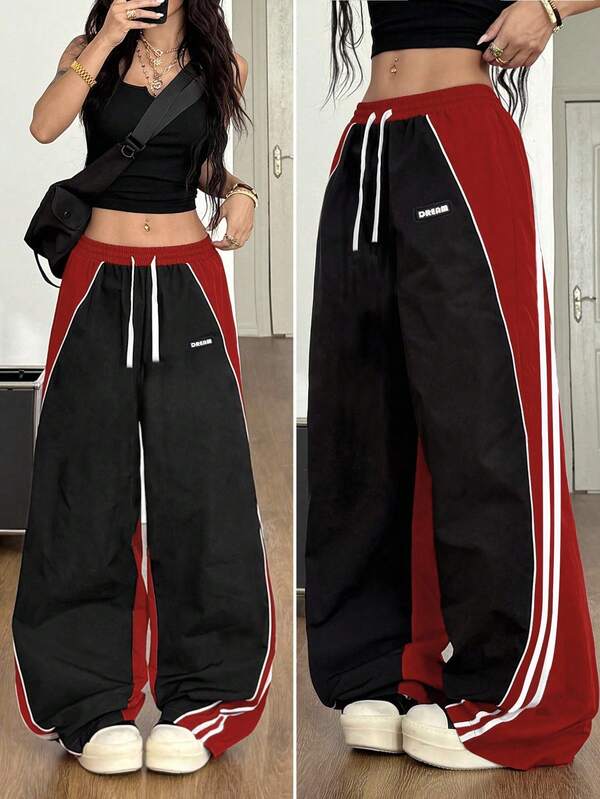 少女红色拼布休闲运动阔腿裤，复古学院风