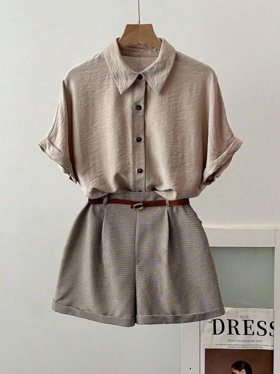 Franclia Fashionable Casual Raglan Short Sleeve Shirt Collar Button Down Navy Blue Shirt Top & Retro Houndstooth Wide Leg Bermuda Shorts 2 Pieces Set, Women Outfit For Spring/Summer - Navy Blue - View 1