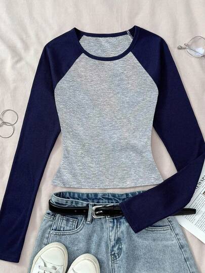 少女拼色罗纹长袖休闲T恤，秋冬上衣