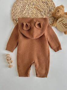 Loomiva Newborn Baby Solid Color Cable Ear Design Sweater Romper Autumn Winter Clothes For Girl - Coffee Brown - View 2
