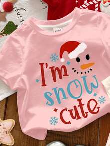 SHEIN 3 pièces T-shirts à col ras du cou manches courtes décontractés pour bébés filles avec des motifs de Noël mignons comme amande crème, rose crème, rouge de Noël, célébration de dessin animé, bonhomme de neige amusant, flocon de neige, Père Noël, convenant pour toutes les saisons - Multicolore - Voir 4