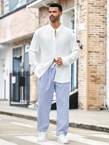 EASEVO Herren Lässig Hose mit Kordelzug in Blau & Weiß gestreift, locker & einfach, Herbst - Verschiedenfarbig - Übersicht 5