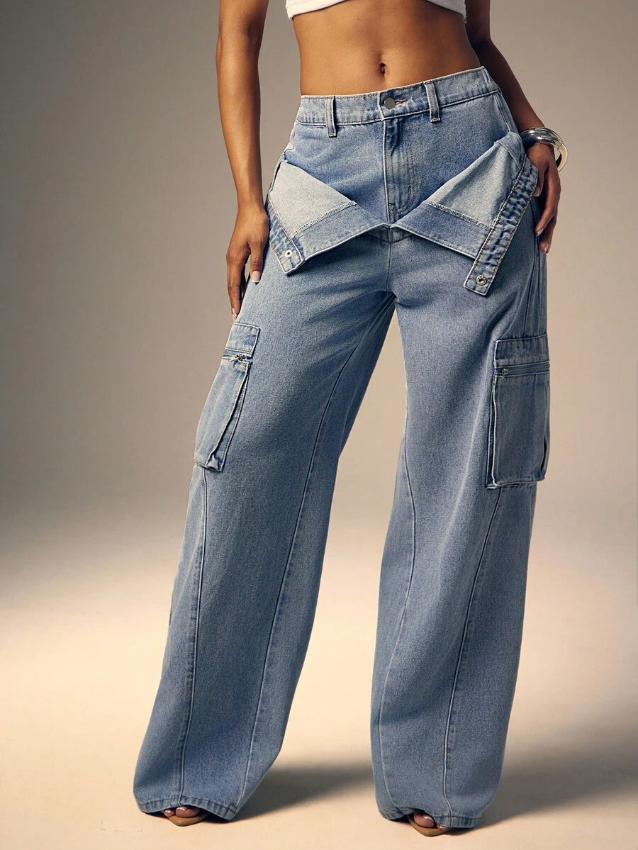 Denimoi Jeans cargo de pierna recta con doblez de moda para otoño e invierno, ropa de calle para mujeres - Lavado ligero - Ver 1