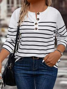 EMERY ROSE Camiseta de manga larga a rayas de talla grande, informal, para primavera/otoño