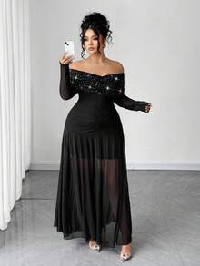 Elenzga Women's Elegant Off Shoulder Sequin Dress - Black - View 3