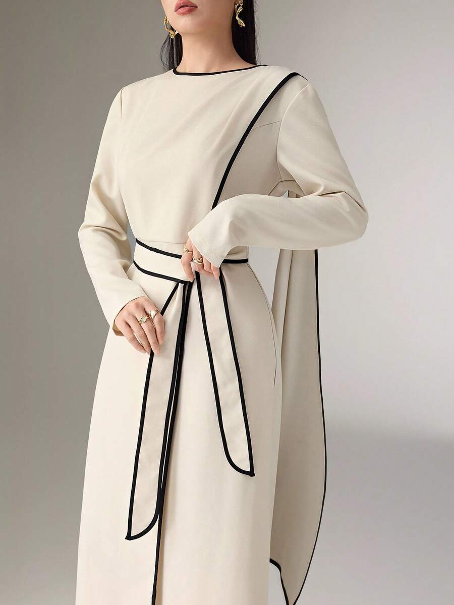 Heiryn Autumn New Asymmetrical Wrap Ribbon Contrast Color High-End Dress