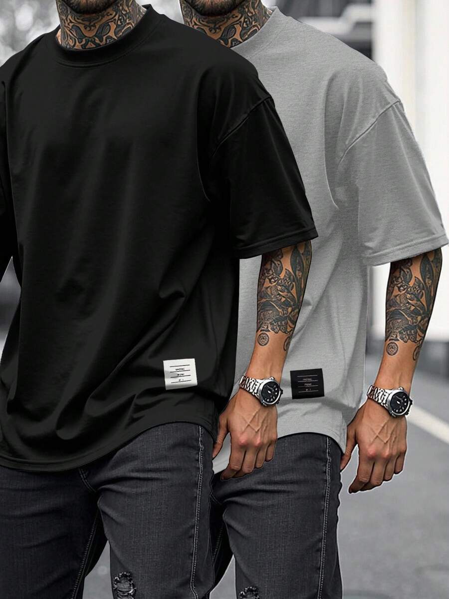 Manfinity Homme 2 piezas Camisetas de manga corta casuales y holgadas, versátiles y sencillas para hombres - Negro - Ver 1