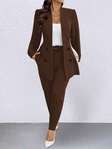 SHEIN Clasi Plus Size Casual Commuter Solid Color Jacket And Pants Suit - Coffee Brown - View 5