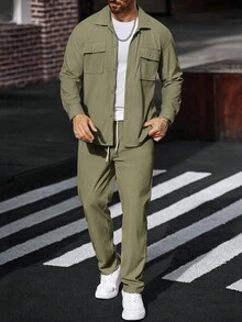 Manfinity CasualCool 男士灯芯绒工装长袖衬衫和裤子两件套，秋季服装 - 軍綠色 - 查看 6