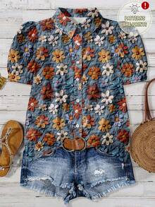 EMERY ROSE Plus Size Casual Minimalist Allover Floral Print Shirt - Multicolor - View 1