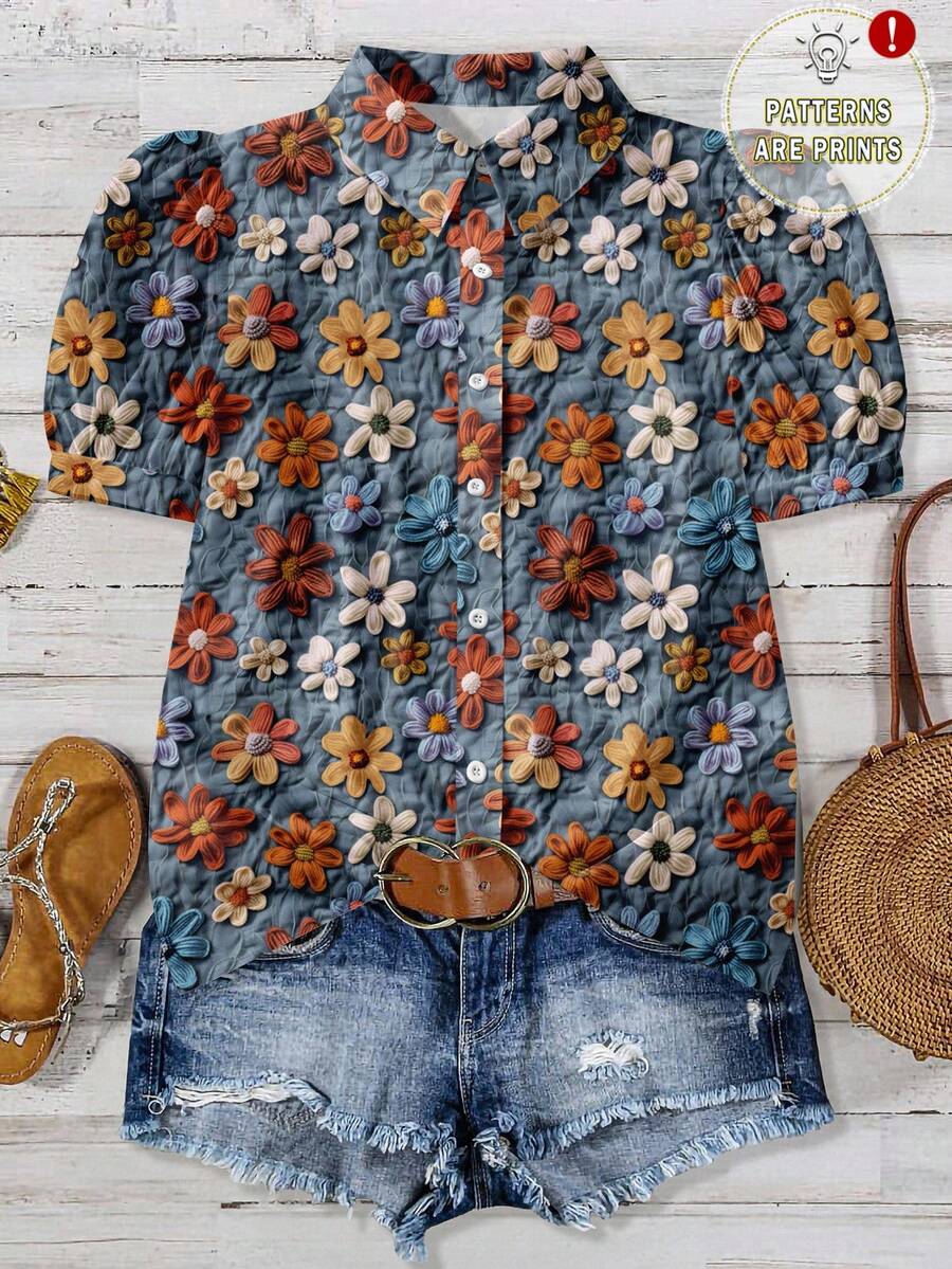 EMERY ROSE Plus Size Casual Minimalist Allover Floral Print Shirt - Multicolor - View 1
