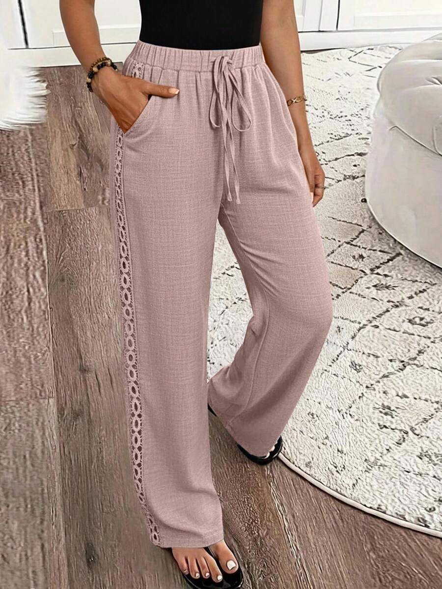 SHEIN LUNE Women Denim Effect Solid Color Pocket Side Ruffle Casual Pants For New Year Clothes Fall Cloth For Women - Pink - View 1