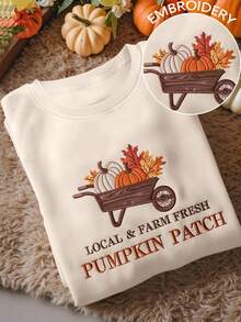 INAWLY Women's Halloween Pumpkin Embroidery Pattern Crew Neck Sweatshirt - Apricot - View 1