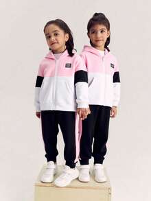 2pcs Young Girl Casual All-Match Athletic Hooded Jacket + Sports Sweatpants Set, Grey+Pink+Black Colorblock, Warm Lining, Zipper Front Pockets - Multicolor - View 4