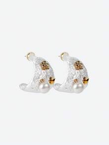 Opalesca Dual-Tone Lava Texture Natural Faux Pearl Elegant Hoop Earrings,Holiday,Vacation,Party,ElEGANT,PREMIUM,PEARL,For Mom/Women/Girl/Mother,Fall/Autumn/Winter,Outfits,Old Money,Premium,Pearl,Elegant,Fairycore/Fairy - Multicolor - View 2
