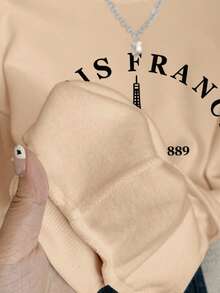 SHEIN EZwear Sweat-shirt-shirt ample à col rond imprimé de la Tour Eiffel, style minimaliste décontracté. Manches longues épaisses, convient pour l'automne/l'hiver - Nude - Voir 4