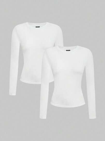 SHEIN EZwear Set de 2 camisetas de manga larga de cuello redondo blancas, de corte slim, casuales, adecuadas para otoño/invierno