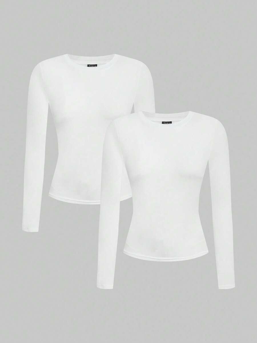 SHEIN EZwear 2pcs/Set Women White Crew Neck Casual Slim Fit Long Sleeve T-Shirt Set, Suitable For Autumn/Winter,White Shirt - White - View 1