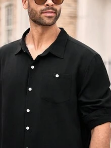 EASEVO Plus Size Men's Casual Solid Color Long Sleeve Shirt, Fall - Black - View 7