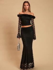 Glamine Elegant Black Lace Off Shoulder Flare Sleeve T-Shirt&Bodycon Ruffle Hem Skirt Women's 2-Piece Set,Summer Dinner Evening Gala Party Outfit - Black - View 1