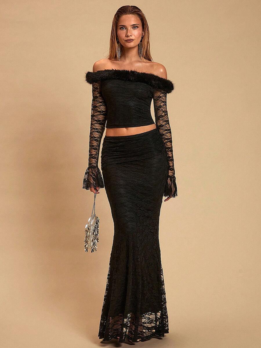 Glamine Elegant Black Lace Off Shoulder Flare Sleeve T-Shirt&Bodycon Ruffle Hem Skirt Women's 2-Piece Set,Summer Dinner Evening Gala Party Outfit - Black - View 1