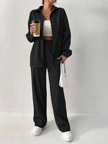 SHEIN Unity Camisa y pantalones de hombro caído de un solo color - Negro - Ver 3