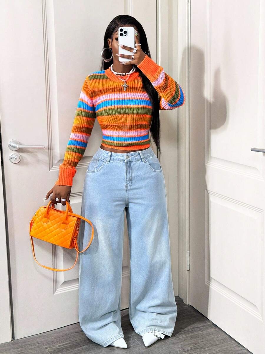 BamGleam Women's Striped Long Sleeve Casual Knit Sweater, Autumn/Winter - Multicolor - View 1
