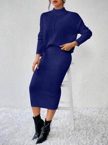 RosyDaze Women's Simple Casual Solid Color Knit 2 Pieces Dress Set - Blue - View 3