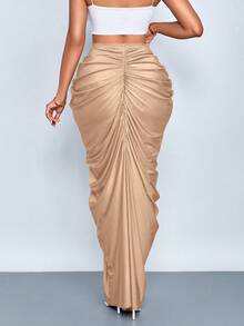 SOLERSUN 女士时尚纯色褶皱半身裙 - 杏色 - 查看 2