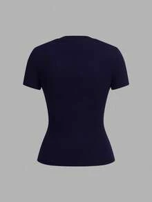 SHEIN EZwear 2 件海军蓝和白色休闲简约基本款圆领短袖 T 恤，适合春夏季 - 彩色 - 查看 4