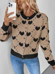 EMERY ROSE Loose Fit Intarsia Heart Knit Cardigan, Autumn/Winter Fall Cloth For Women - Khaki - View 5