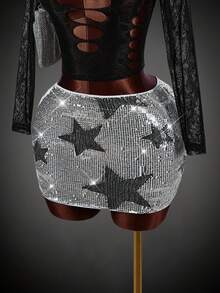 SHEIN ICON Star Pattern Sequin Skirt - Silver - View 4